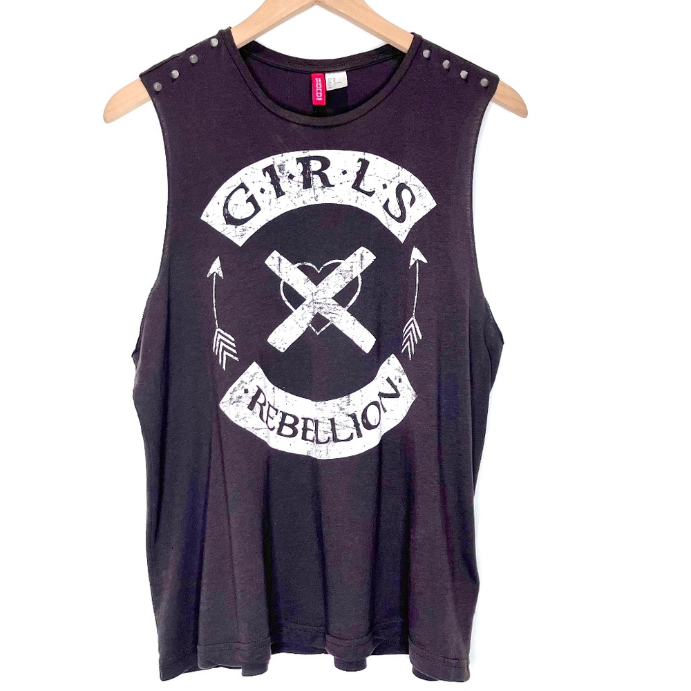H&M Divided Girls Rebellion Black Tank Top Muscle T- Shirt Studded Shoulders